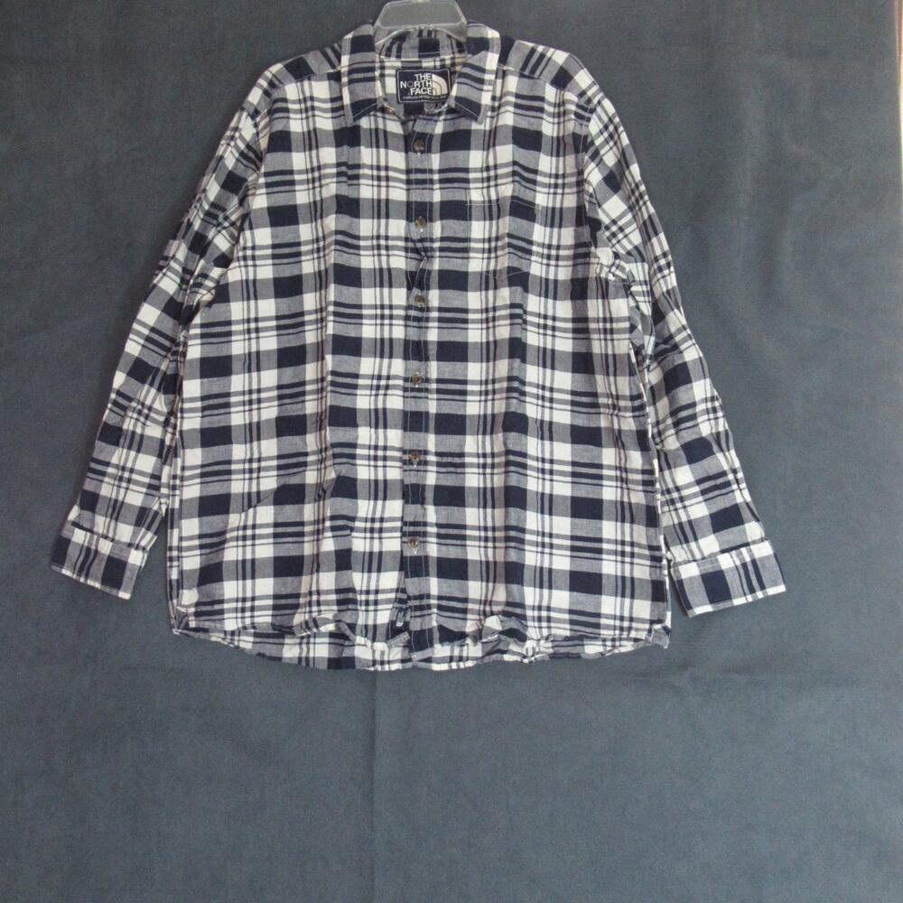 The North Face Shirt Mens XXL Blue Cream Plaid Long Sleeve Linen Blend Cabincore